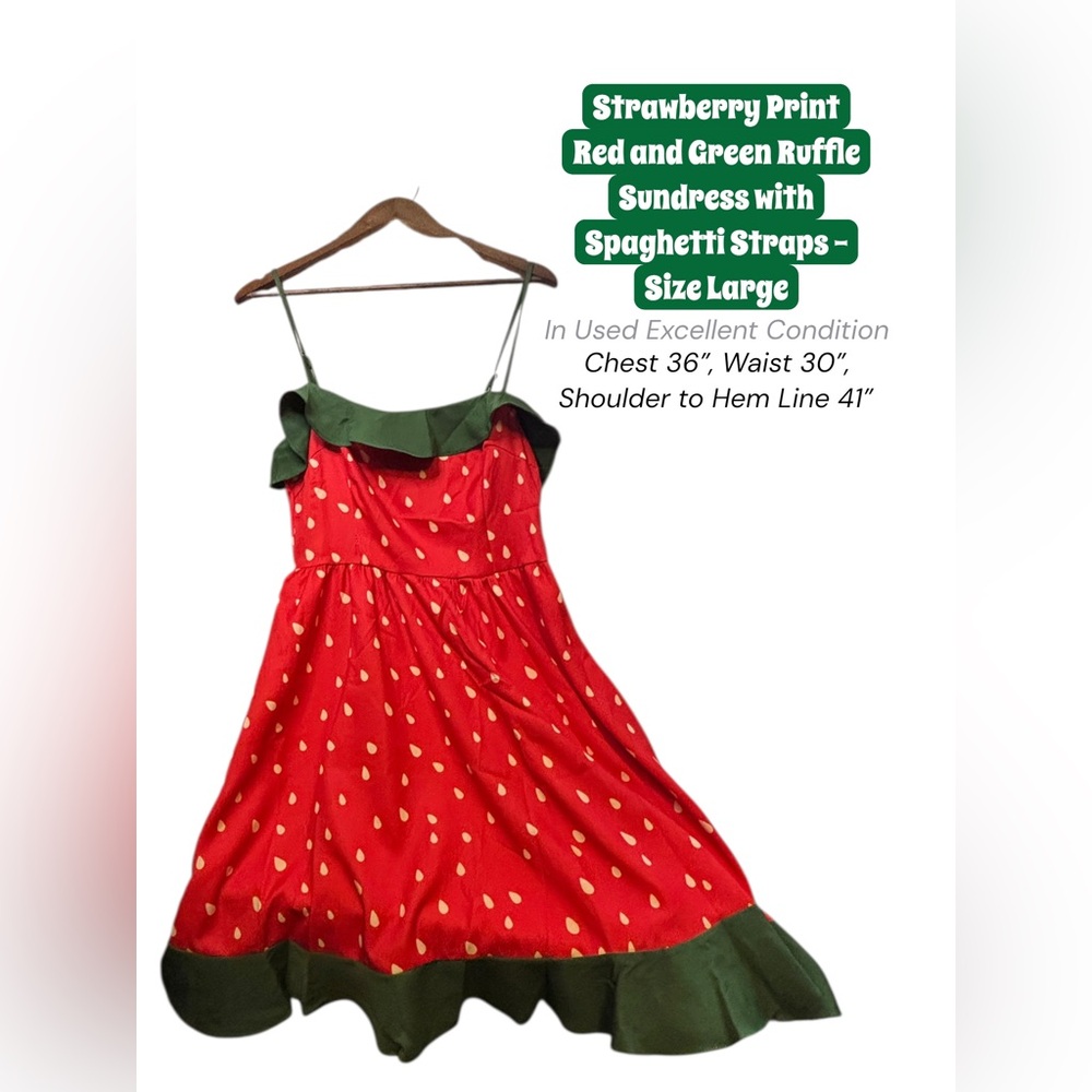 Red Strawberry Sundress Large Green Ruffle Trim Spaghetti Strap Summer Dress